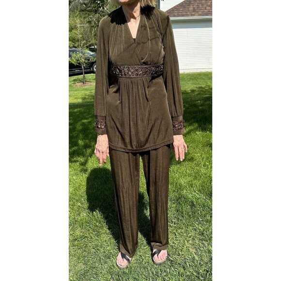 COLDWATER CREEK 2 Piece Vintage Set Size Medium Olive Beaded Sequins Long Sleeve - Picture 13 of 16